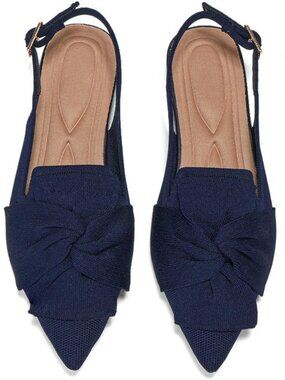 Women's Navy Pointed Toe Flats Buckle Ankle Strap Slingback Comfortable Shoe